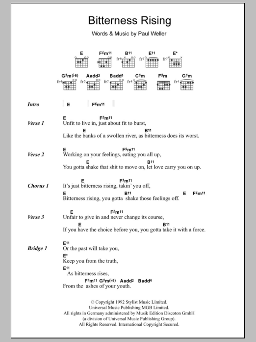 Paul Weller Bitterness Rising sheet music notes and chords arranged for Guitar Chords/Lyrics
