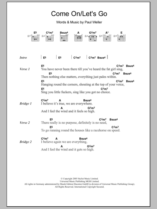 Paul Weller Come On/Let's Go sheet music notes and chords arranged for Guitar Chords/Lyrics