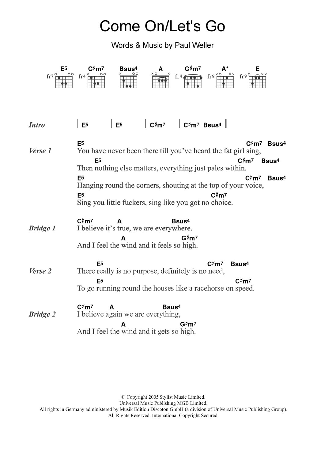 Paul Weller Come On/Let's Go sheet music notes and chords arranged for Guitar Chords/Lyrics