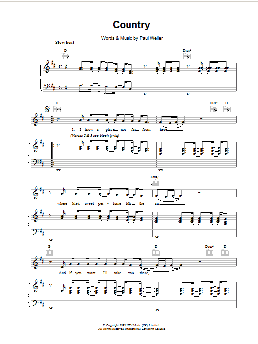 Paul Weller Country sheet music notes and chords arranged for Piano, Vocal & Guitar Chords