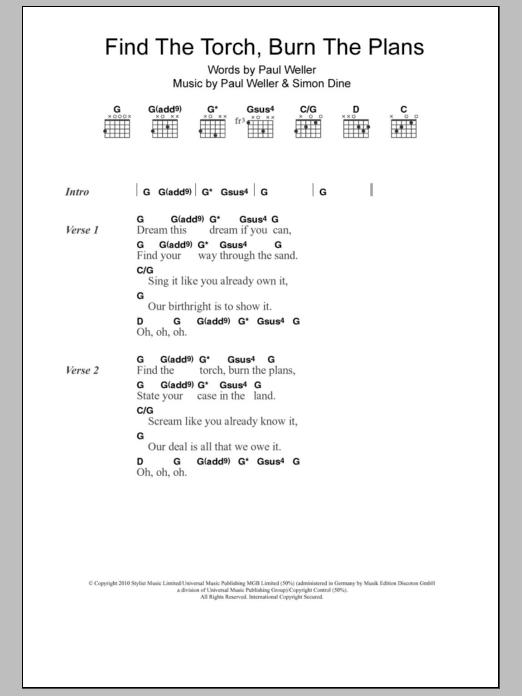 Paul Weller Find The Torch, Burn The Plans sheet music notes and chords arranged for Guitar Chords/Lyrics