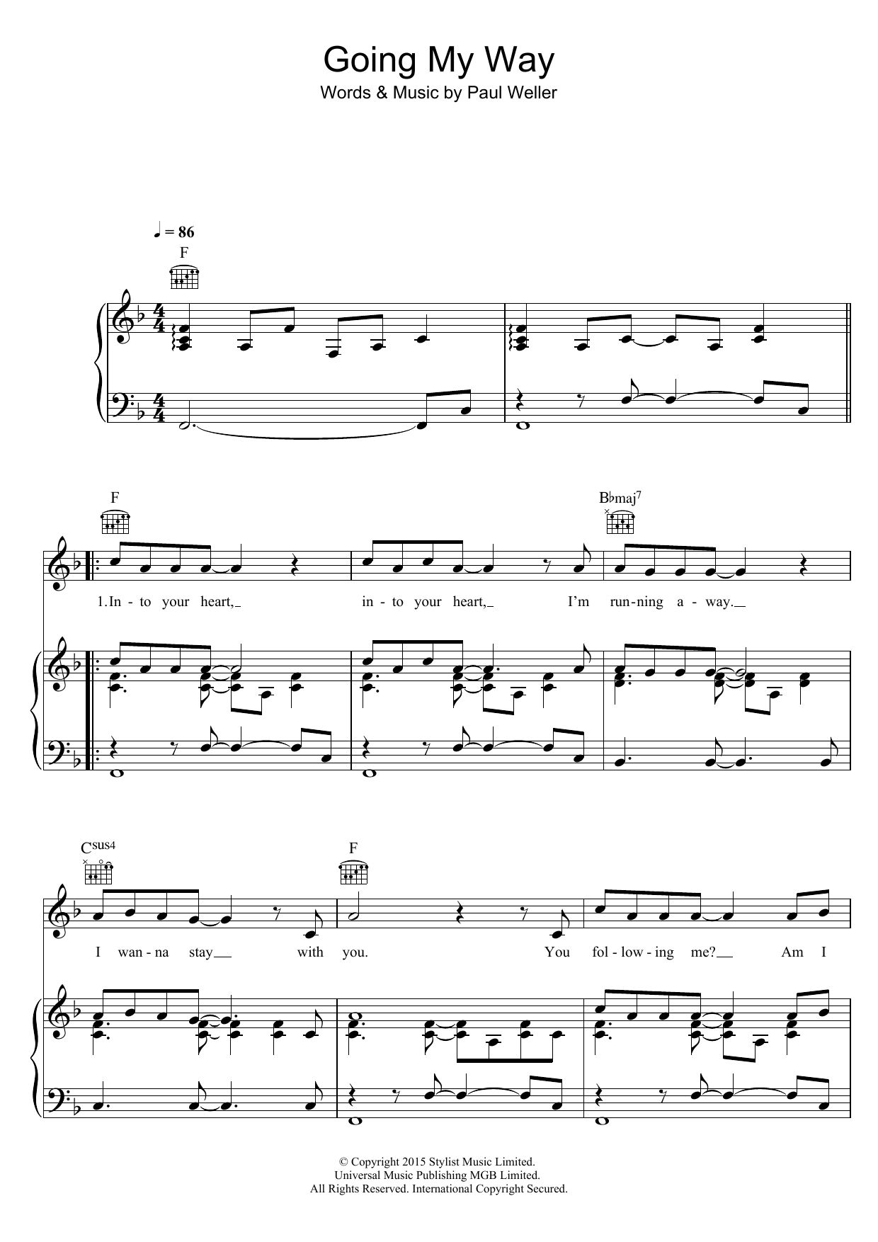 Paul Weller Going My Way sheet music notes and chords arranged for Piano, Vocal & Guitar Chords