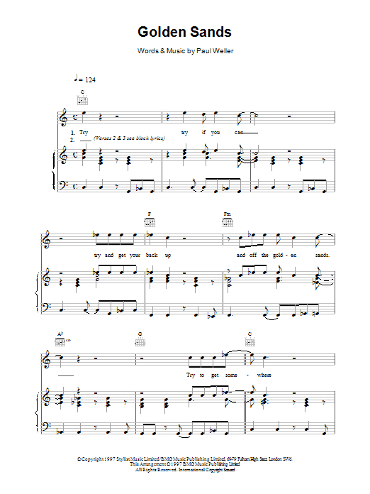 Paul Weller Golden Sands sheet music notes and chords arranged for Piano, Vocal & Guitar Chords