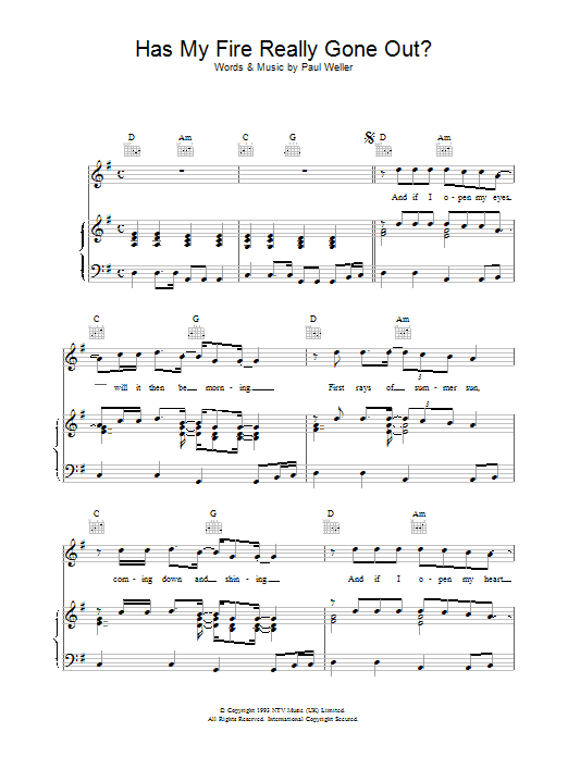 Paul Weller Has My Fire Really Gone Out sheet music notes and chords arranged for Piano, Vocal & Guitar Chords