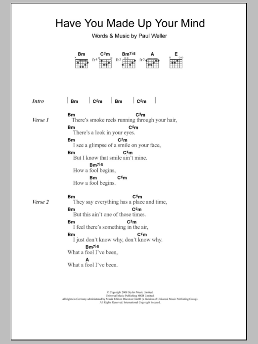 Paul Weller Have You Made Up Your Mind sheet music notes and chords arranged for Guitar Chords/Lyrics