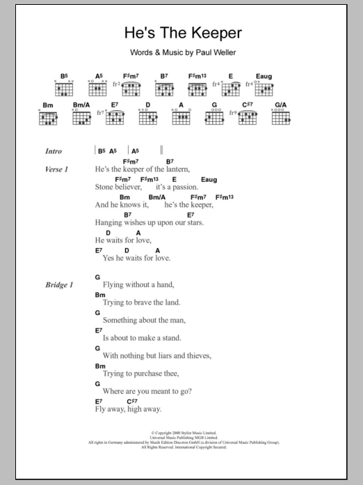 Paul Weller He's The Keeper sheet music notes and chords arranged for Guitar Chords/Lyrics