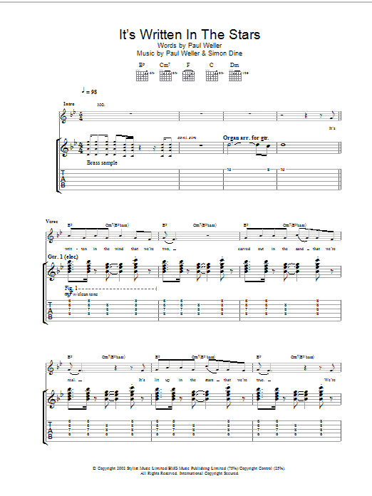 Paul Weller It's Written In The Stars sheet music notes and chords arranged for Guitar Tab