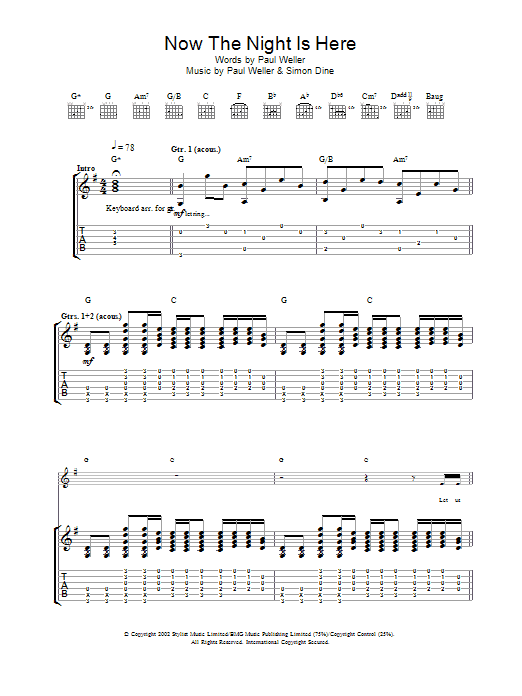 Paul Weller Now The Night Is Here sheet music notes and chords arranged for Lead Sheet / Fake Book