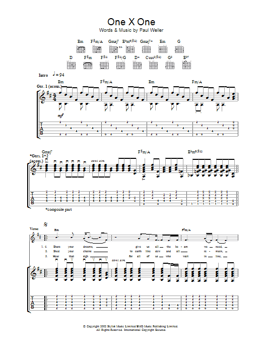 Paul Weller One X One sheet music notes and chords arranged for Lead Sheet / Fake Book