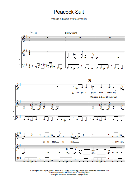 Paul Weller Peacock Suit sheet music notes and chords arranged for Piano, Vocal & Guitar Chords