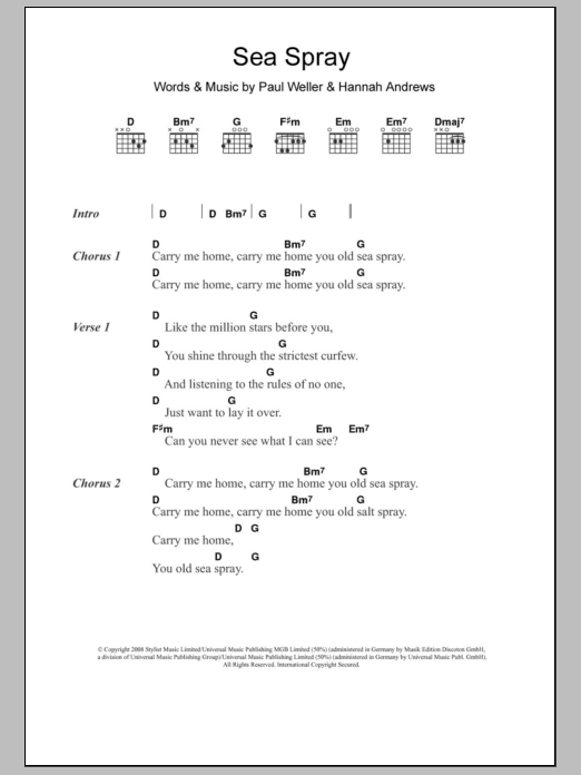 Paul Weller Sea Spray sheet music notes and chords arranged for Guitar Chords/Lyrics