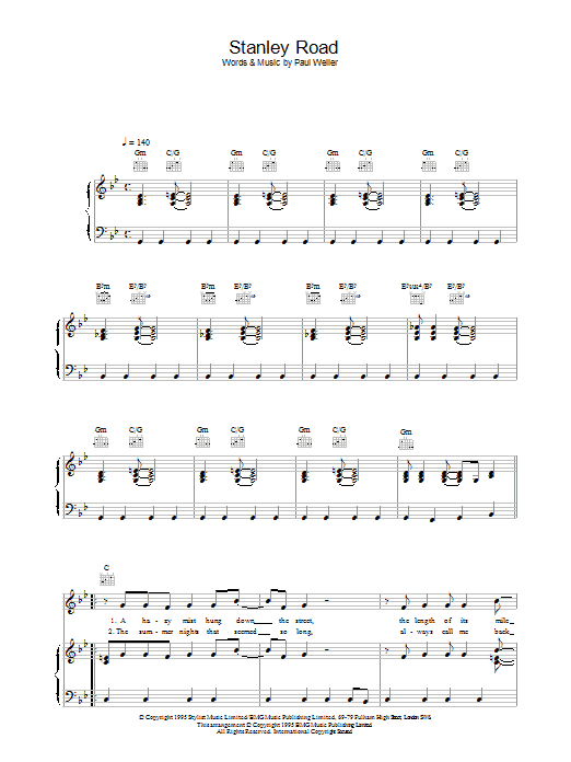 Paul Weller Stanley Road sheet music notes and chords arranged for Piano, Vocal & Guitar Chords