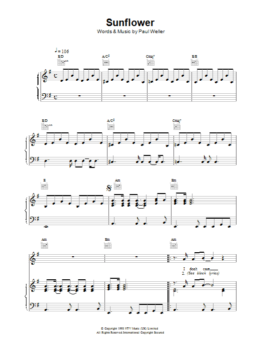 Paul Weller Sunflower sheet music notes and chords arranged for Guitar Chords/Lyrics