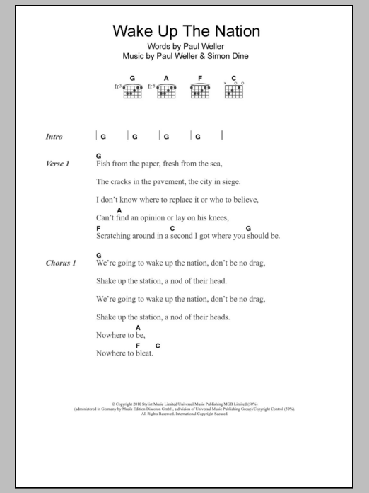 Paul Weller Wake Up The Nation sheet music notes and chords arranged for Guitar Chords/Lyrics