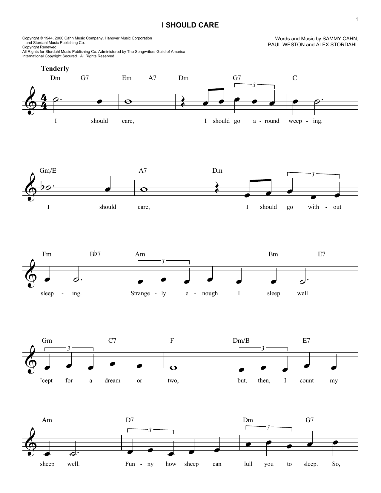 Paul Weston I Should Care sheet music notes and chords arranged for Easy Lead Sheet / Fake Book