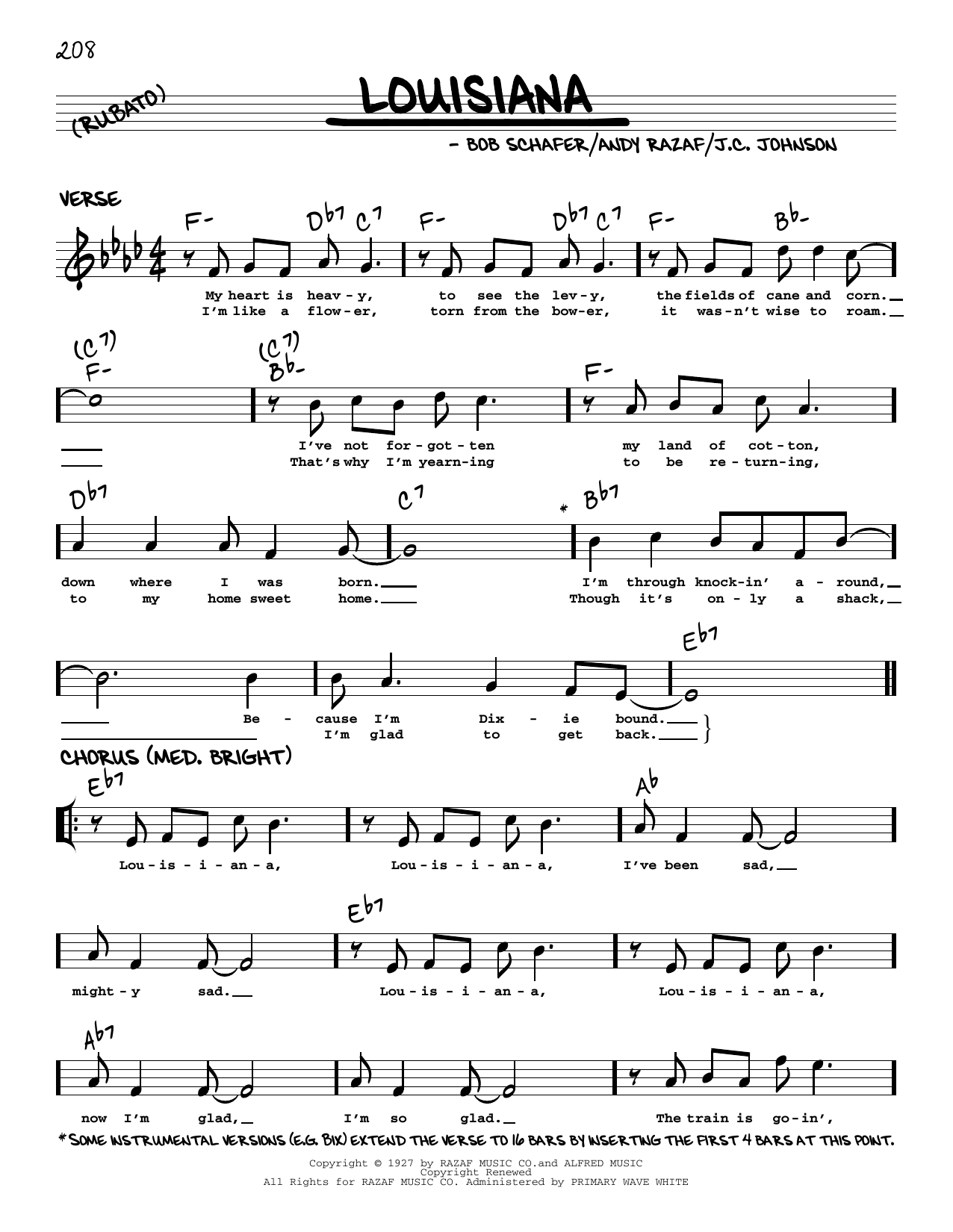 Paul Whiteman & His Orchestra Louisiana (arr. Robert Rawlins) sheet music notes and chords arranged for Real Book – Melody, Lyrics & Chords
