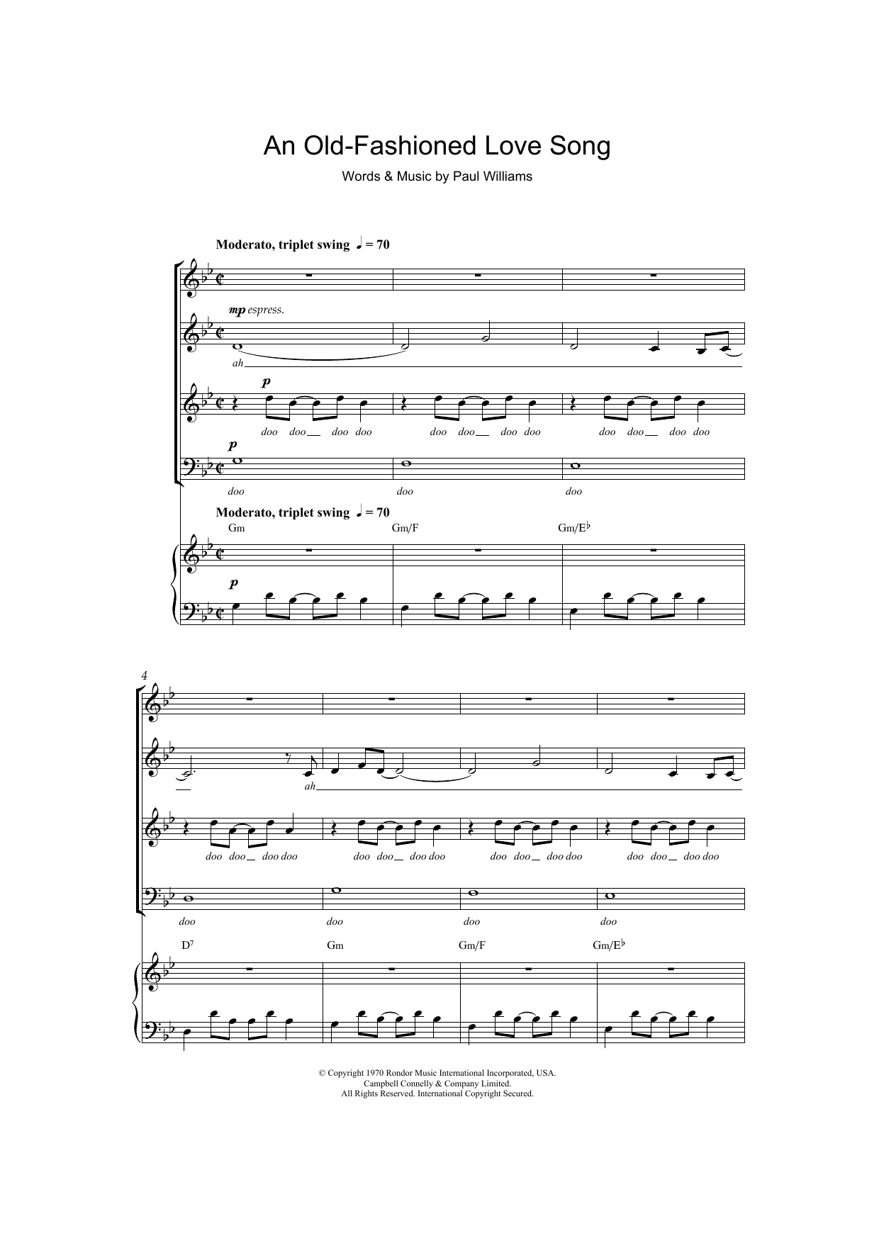 Paul Williams An Old Fashioned Love Song sheet music notes and chords arranged for SATB Choir