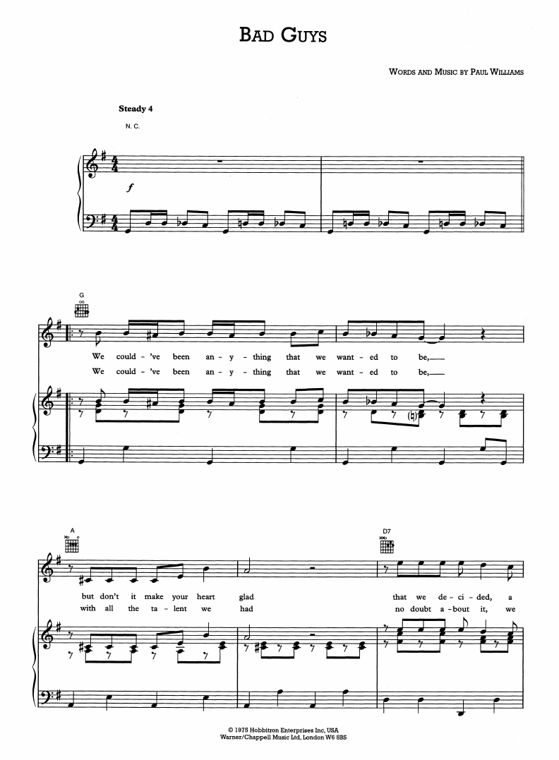Paul Williams Bad Guys (from Bugsy Malone) sheet music notes and chords arranged for Piano, Vocal & Guitar Chords (Right-Hand Melody)