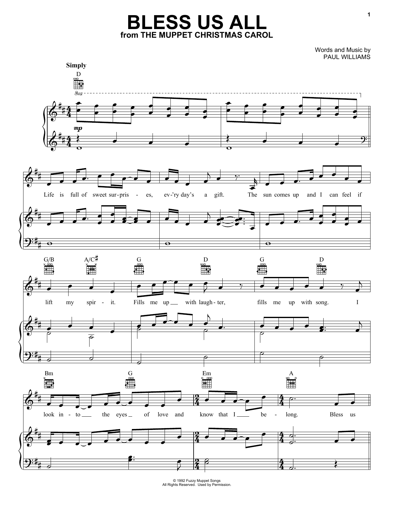 Paul Williams Bless Us All (from The Muppet Christmas Carol) sheet music notes and chords arranged for Piano, Vocal & Guitar Chords (Right-Hand Melody)