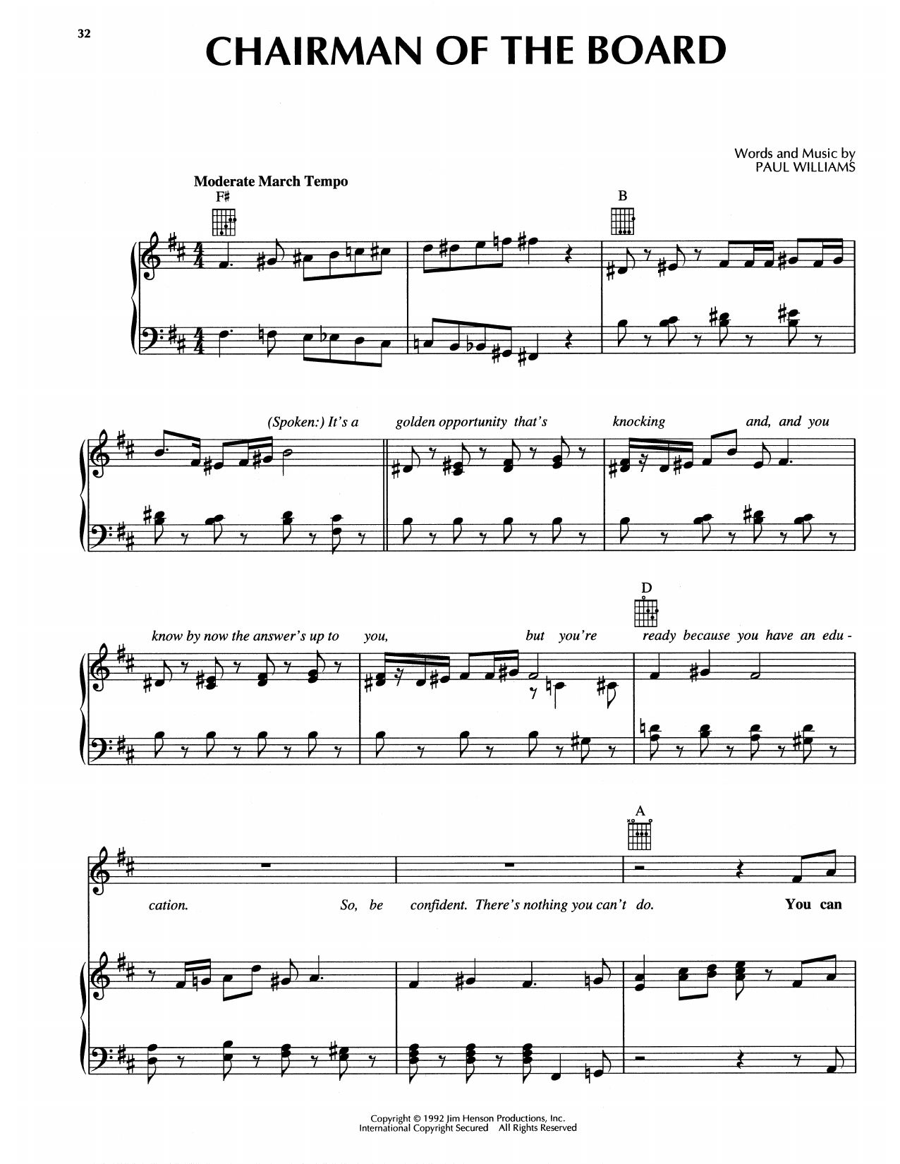 Paul Williams Chairman Of The Board (from The Muppet Christmas Carol) sheet music notes and chords arranged for Piano, Vocal & Guitar Chords (Right-Hand Melody)