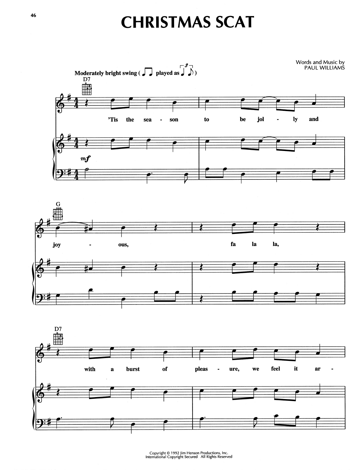 Paul Williams Christmas Scat (from The Muppet Christmas Carol) sheet music notes and chords arranged for Piano, Vocal & Guitar Chords (Right-Hand Melody)