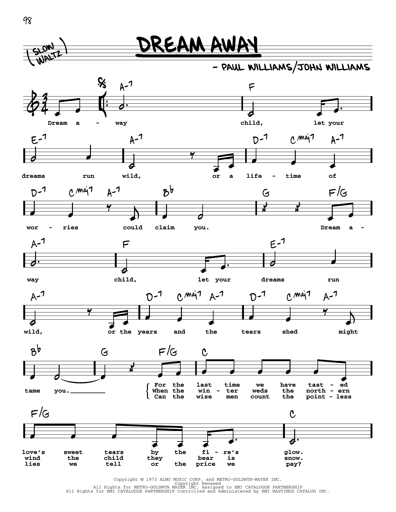 Paul Williams Dream Away (Low Voice) sheet music notes and chords arranged for Real Book – Melody, Lyrics & Chords
