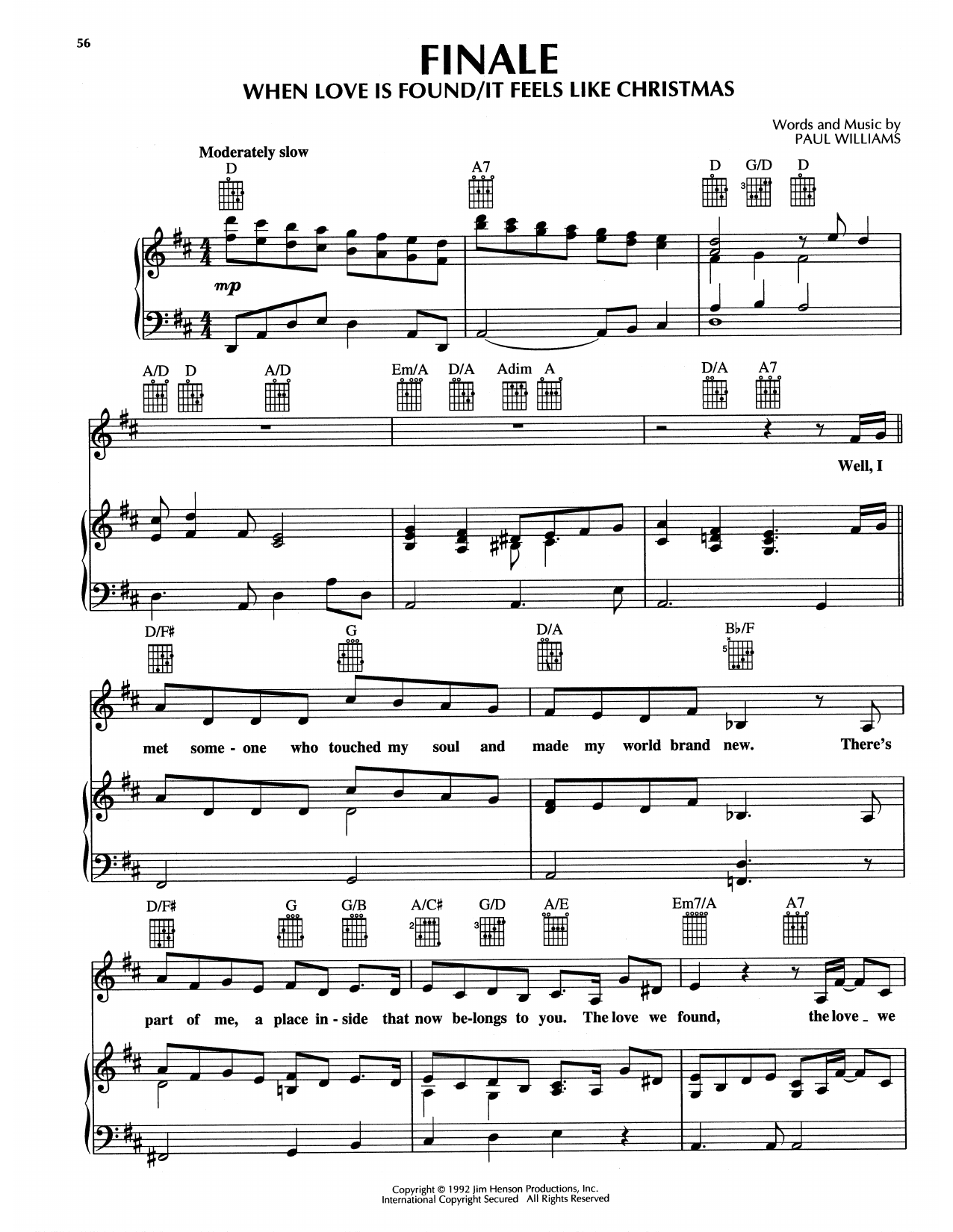 Paul Williams Finale - When Love Is Found/It Feels Like Christmas (from The Muppet Christmas Carol) sheet music notes and chords arranged for Piano, Vocal & Guitar Chords (Right-Hand Melody)