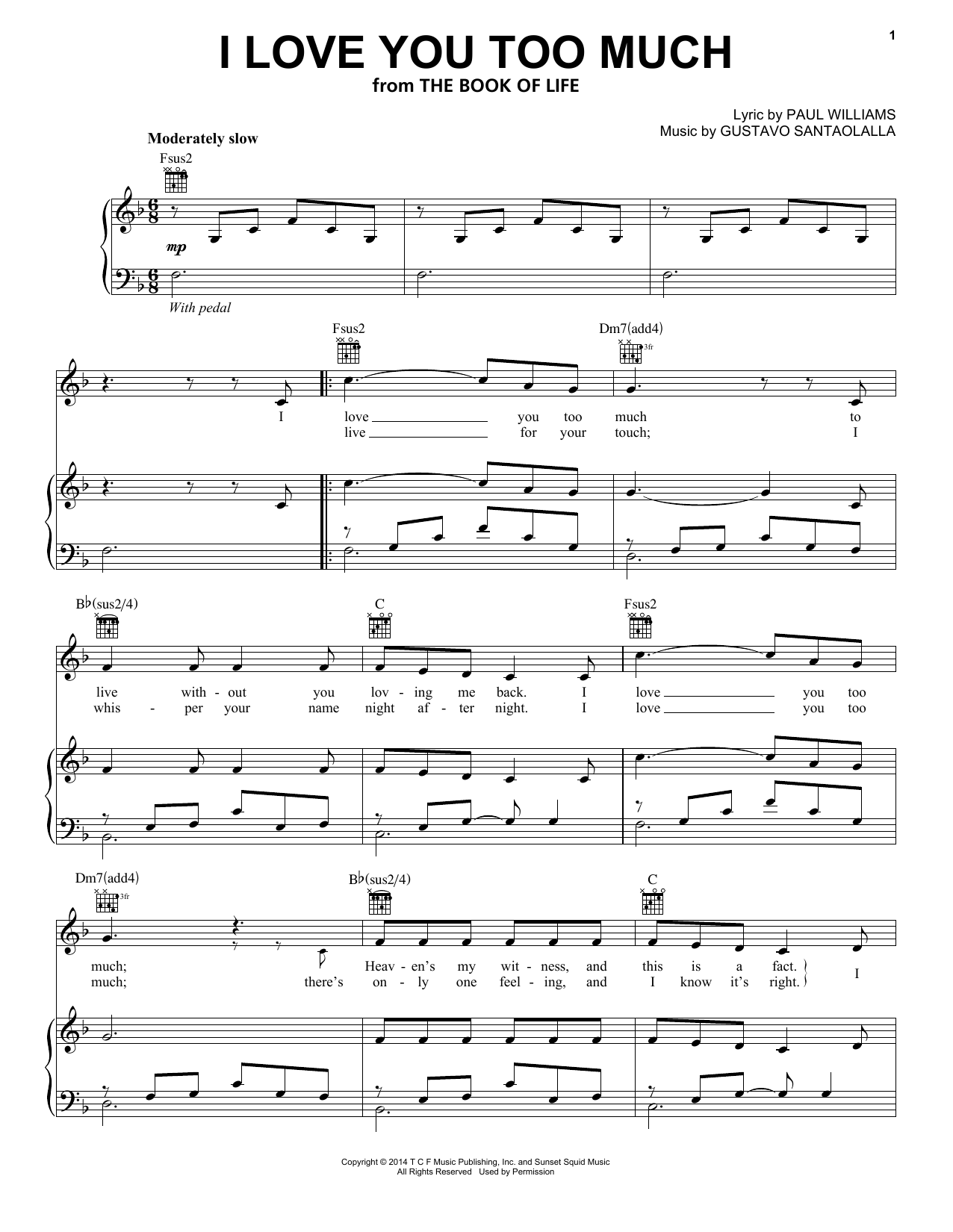 Paul Williams I Love You Too Much sheet music notes and chords arranged for Piano, Vocal & Guitar Chords (Right-Hand Melody)