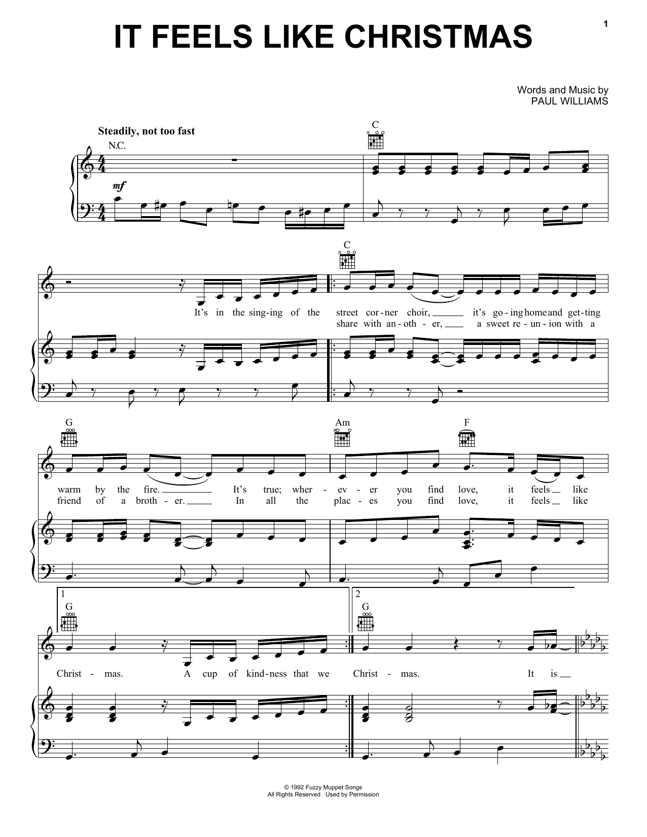 Paul Williams It Feels Like Christmas (from The Muppet Christmas Carol) sheet music notes and chords arranged for Piano, Vocal & Guitar Chords (Right-Hand Melody)