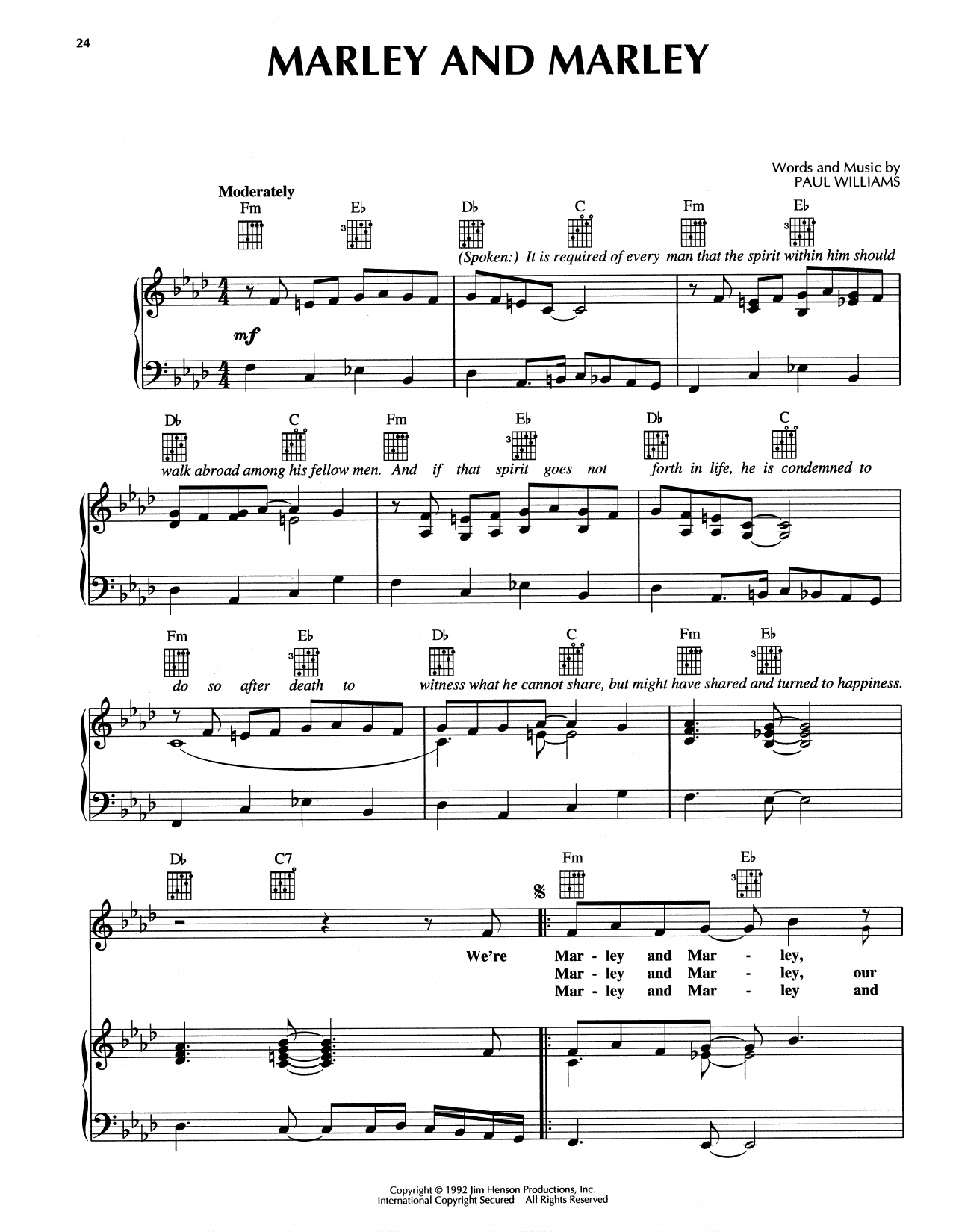 Paul Williams Marley And Marley (from The Muppet Christmas Carol) sheet music notes and chords arranged for Piano, Vocal & Guitar Chords (Right-Hand Melody)