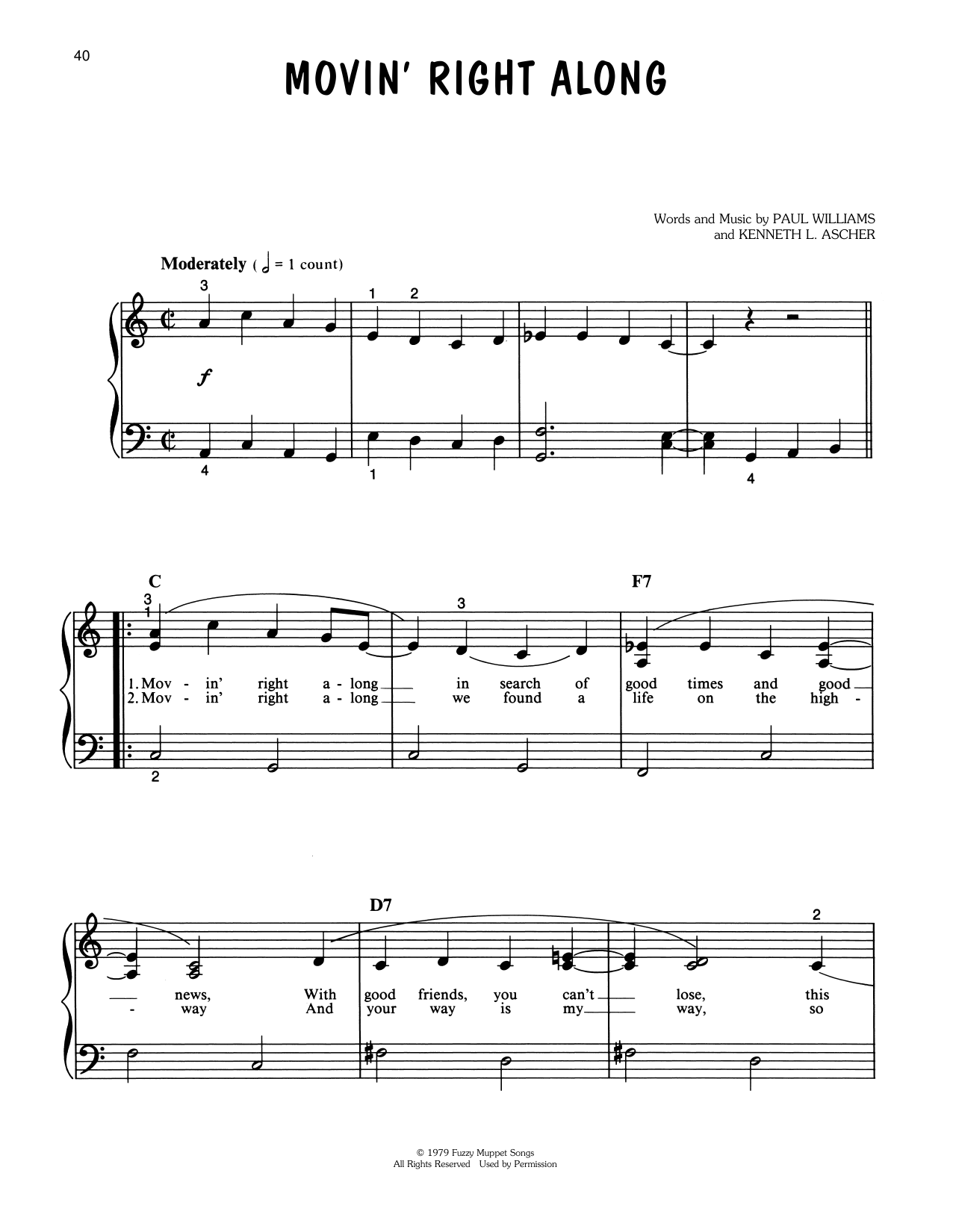 Paul Williams Movin' Right Along (from The Muppet Movie) sheet music notes and chords arranged for Piano, Vocal & Guitar Chords (Right-Hand Melody)