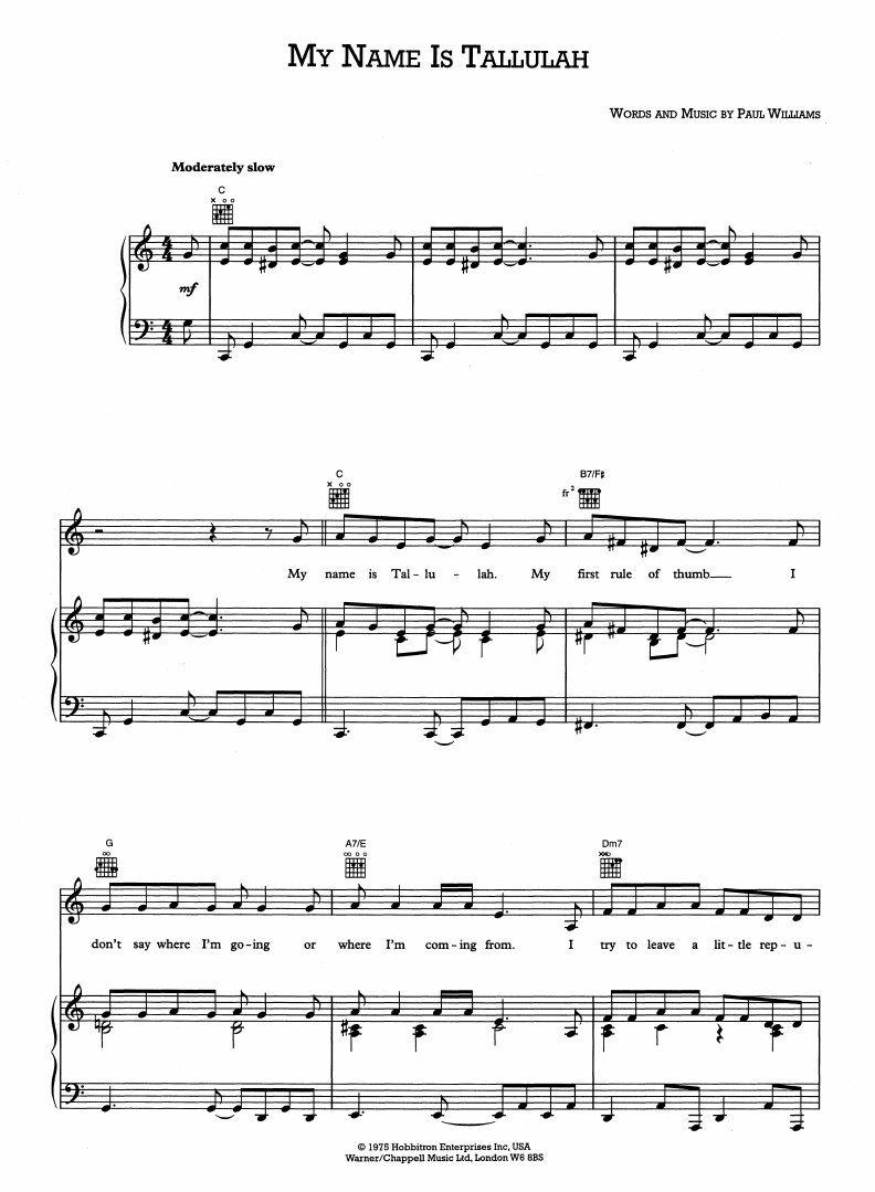 Paul Williams My Name Is Tallulah (from Bugsy Malone) sheet music notes and chords arranged for Piano, Vocal & Guitar Chords (Right-Hand Melody)