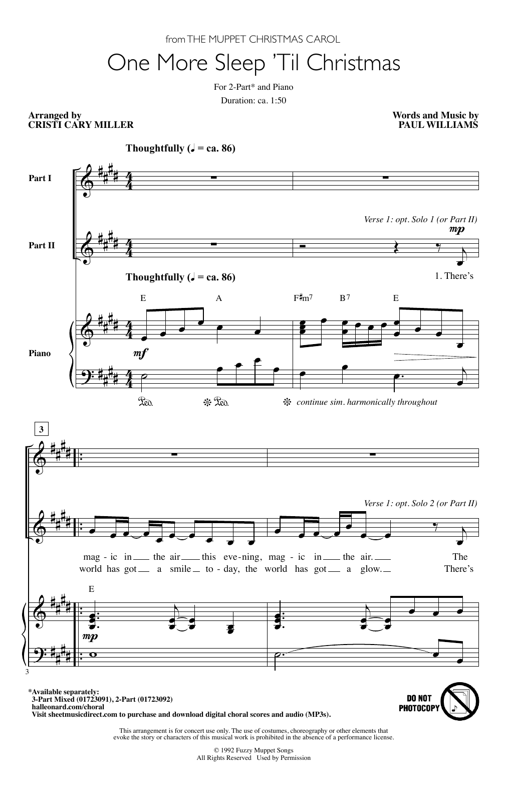 Paul Williams One More Sleep 'Til Christmas (from The Muppet Christmas Carol) (arr. Cristy Cary Miller) sheet music notes and chords arranged for 2-Part Choir