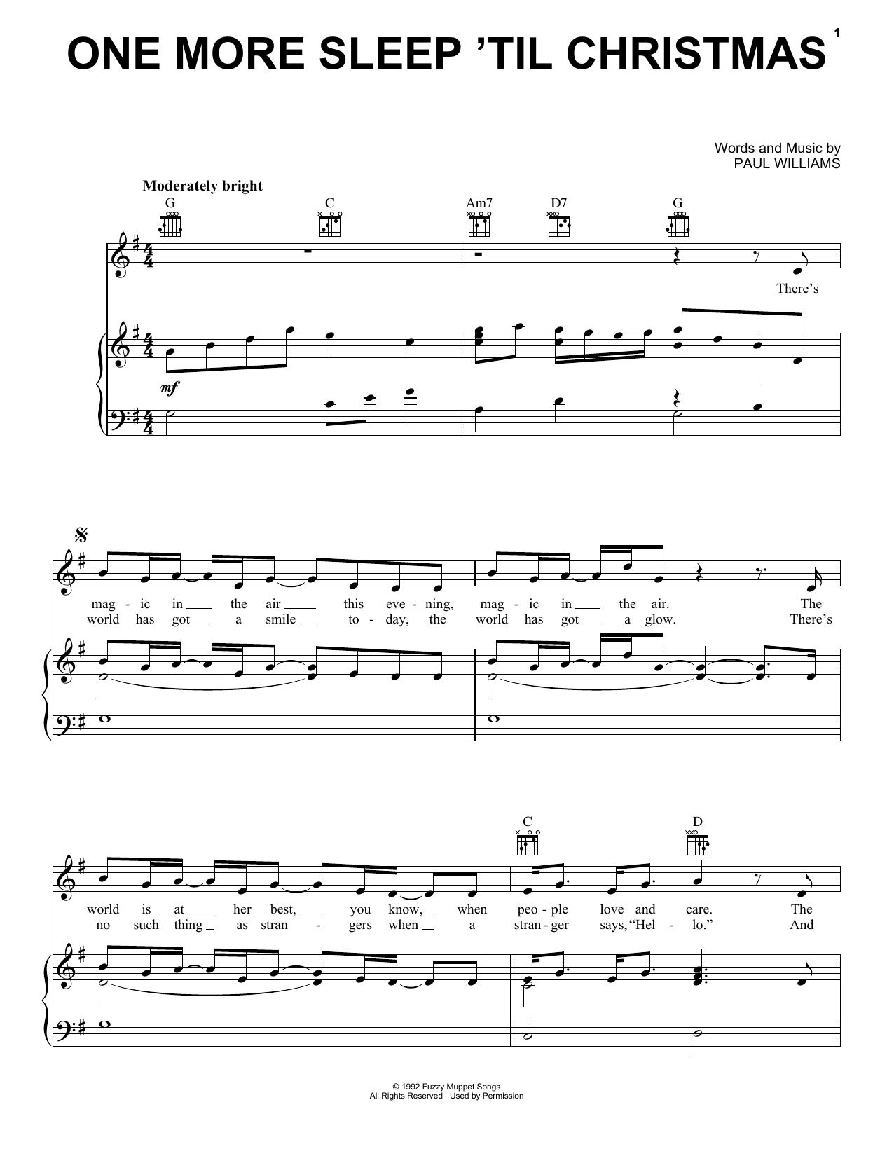 Paul Williams One More Sleep 'Til Christmas (from The Muppet Christmas Carol) sheet music notes and chords arranged for Piano, Vocal & Guitar Chords (Right-Hand Melody)