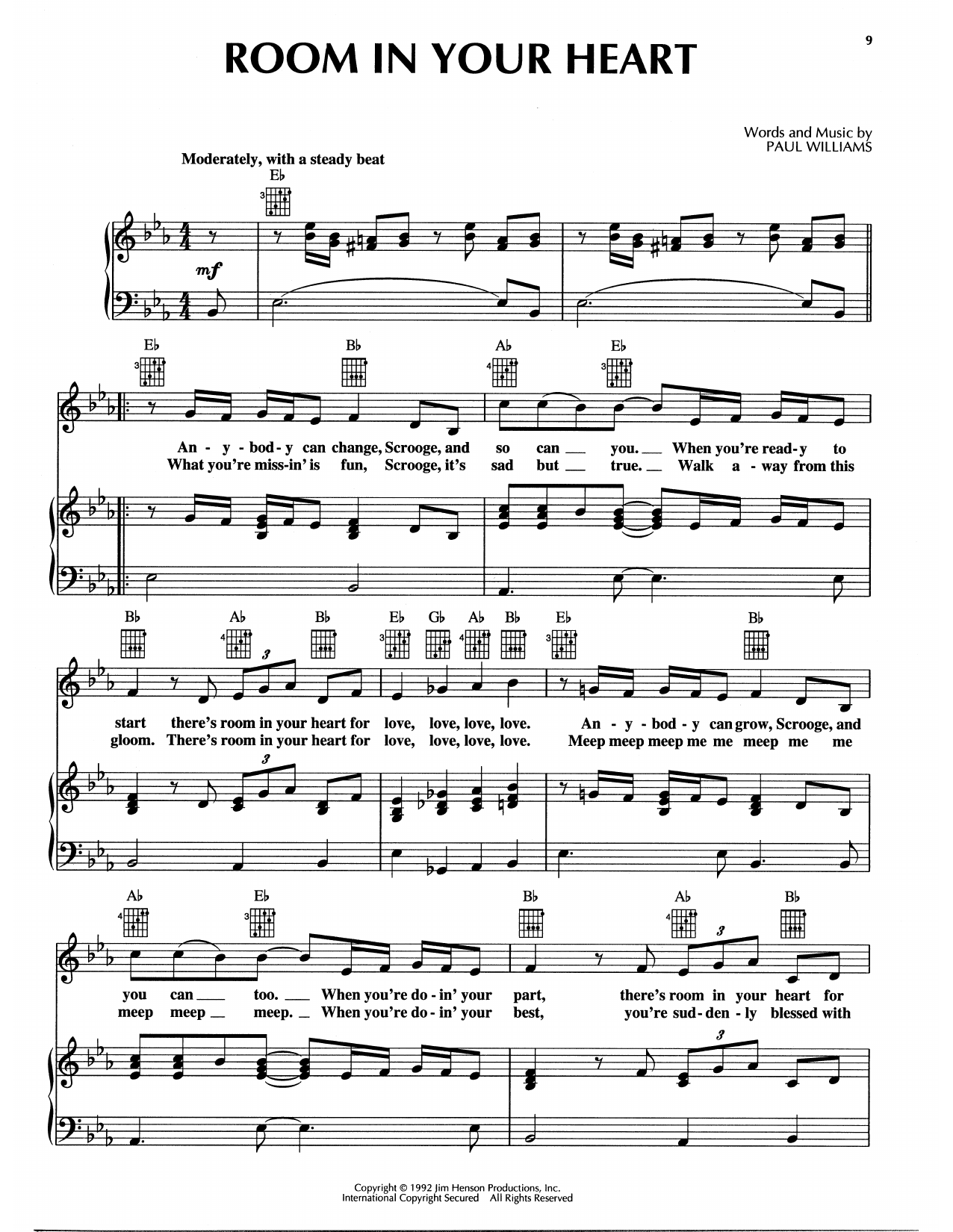 Paul Williams Room In Your Heart (from The Muppet Christmas Carol) sheet music notes and chords arranged for Piano, Vocal & Guitar Chords (Right-Hand Melody)