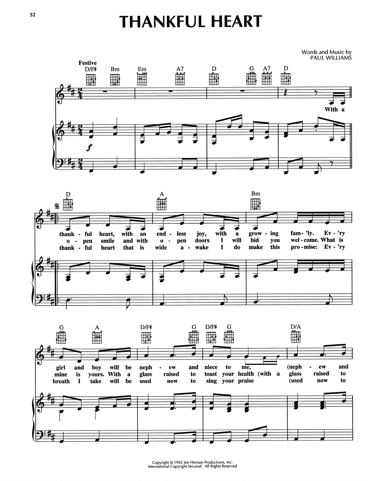 Paul Williams Thankful Heart (from The Muppet Christmas Carol) sheet music notes and chords arranged for Piano, Vocal & Guitar Chords (Right-Hand Melody)