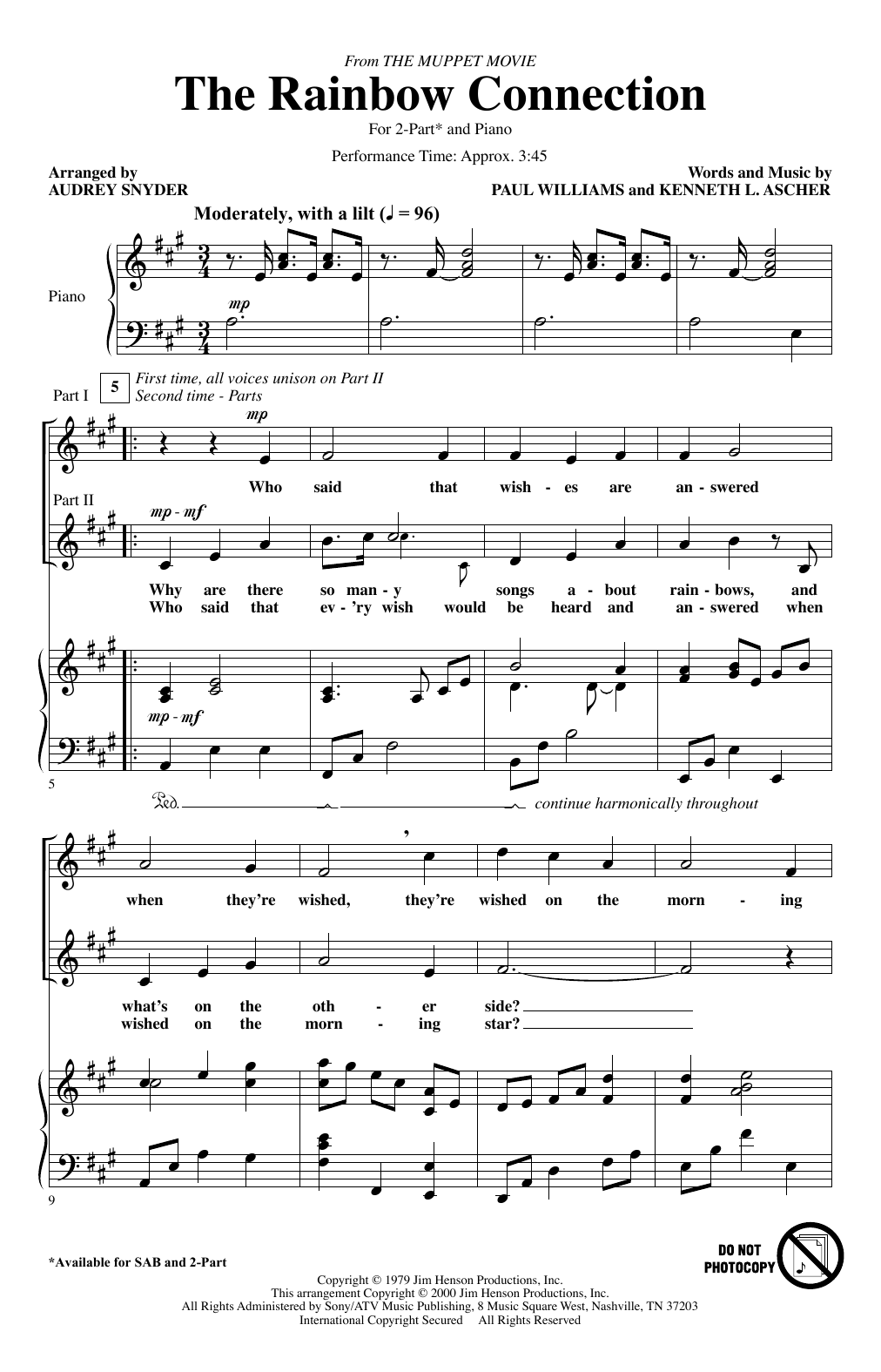 Paul Williams The Rainbow Connection (arr. Audrey Snyder) sheet music notes and chords arranged for 2-Part Choir