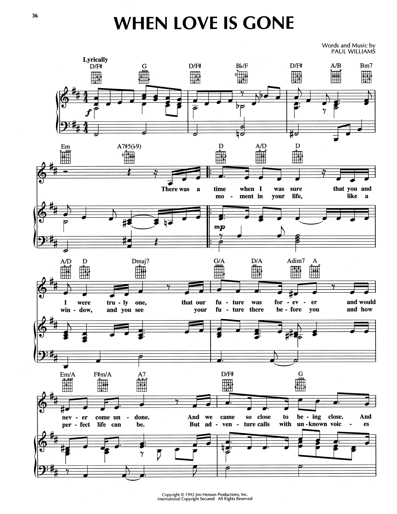 Paul Williams When Love Is Gone (from The Muppet Christmas Carol) sheet music notes and chords arranged for Piano, Vocal & Guitar Chords (Right-Hand Melody)