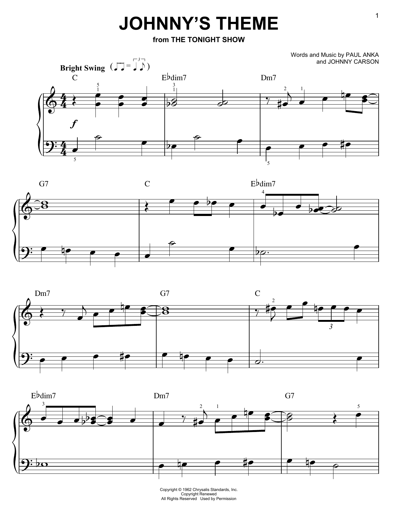 Paul Anka Johnny's Theme sheet music notes and chords arranged for Easy Piano
