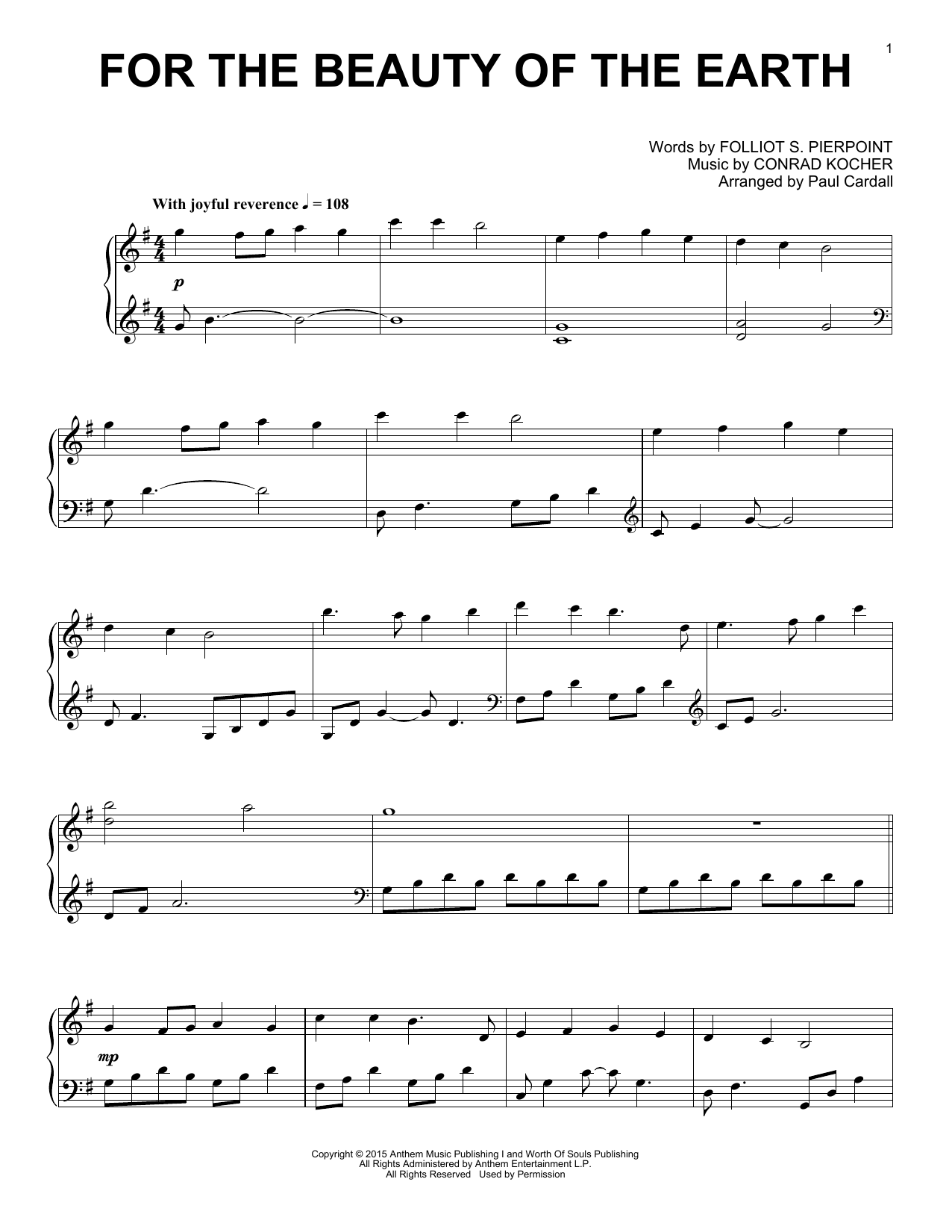 Paul Cardall For The Beauty Of The Earth sheet music notes and chords arranged for Piano Solo