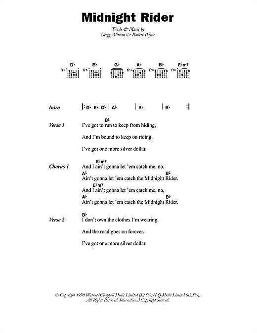 Paul Davidson Midnight Rider sheet music notes and chords arranged for Guitar Chords/Lyrics