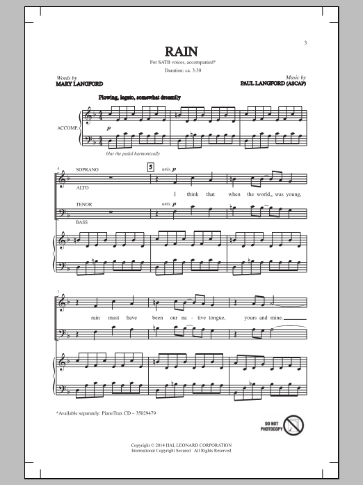 Paul Langford Rain sheet music notes and chords arranged for SATB Choir