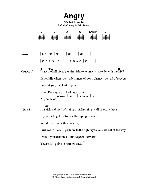 Paul McCartney Angry sheet music notes and chords arranged for Guitar Chords/Lyrics