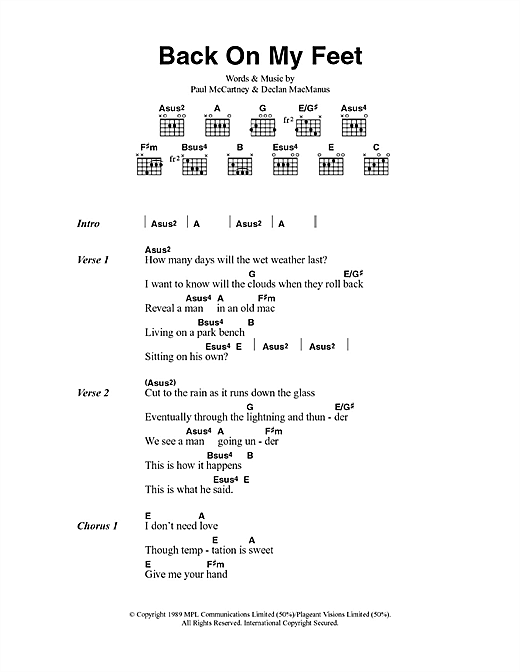 Paul McCartney Back On My Feet sheet music notes and chords arranged for Guitar Chords/Lyrics