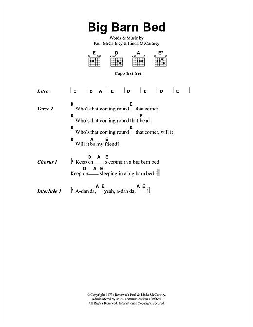 Paul McCartney Big Barn Bed sheet music notes and chords arranged for Guitar Chords/Lyrics