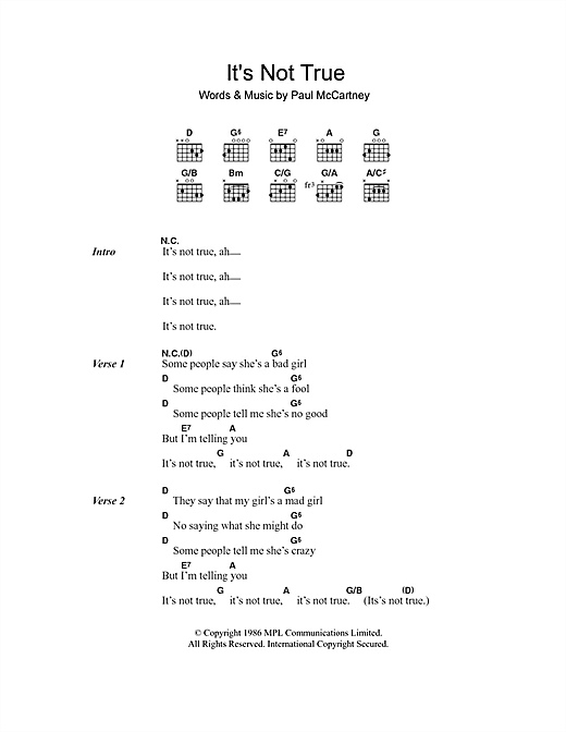 Paul McCartney It's Not True sheet music notes and chords arranged for Guitar Chords/Lyrics