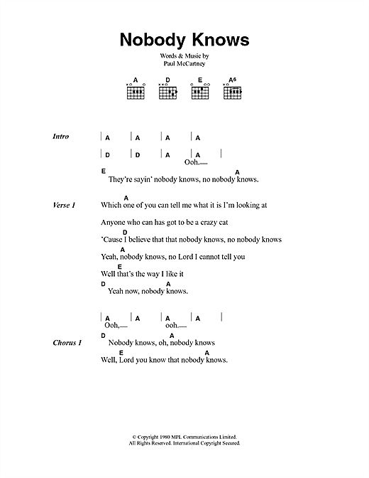 Paul McCartney Nobody Knows sheet music notes and chords arranged for Guitar Chords/Lyrics
