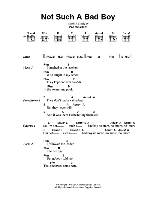 Paul McCartney Not Such A Bad Boy sheet music notes and chords arranged for Guitar Chords/Lyrics