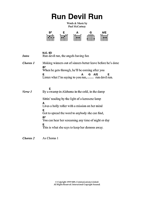 Paul McCartney Run Devil Run sheet music notes and chords arranged for Guitar Chords/Lyrics