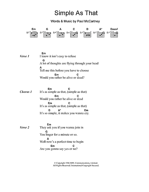 Paul McCartney Simple As That sheet music notes and chords arranged for Guitar Chords/Lyrics